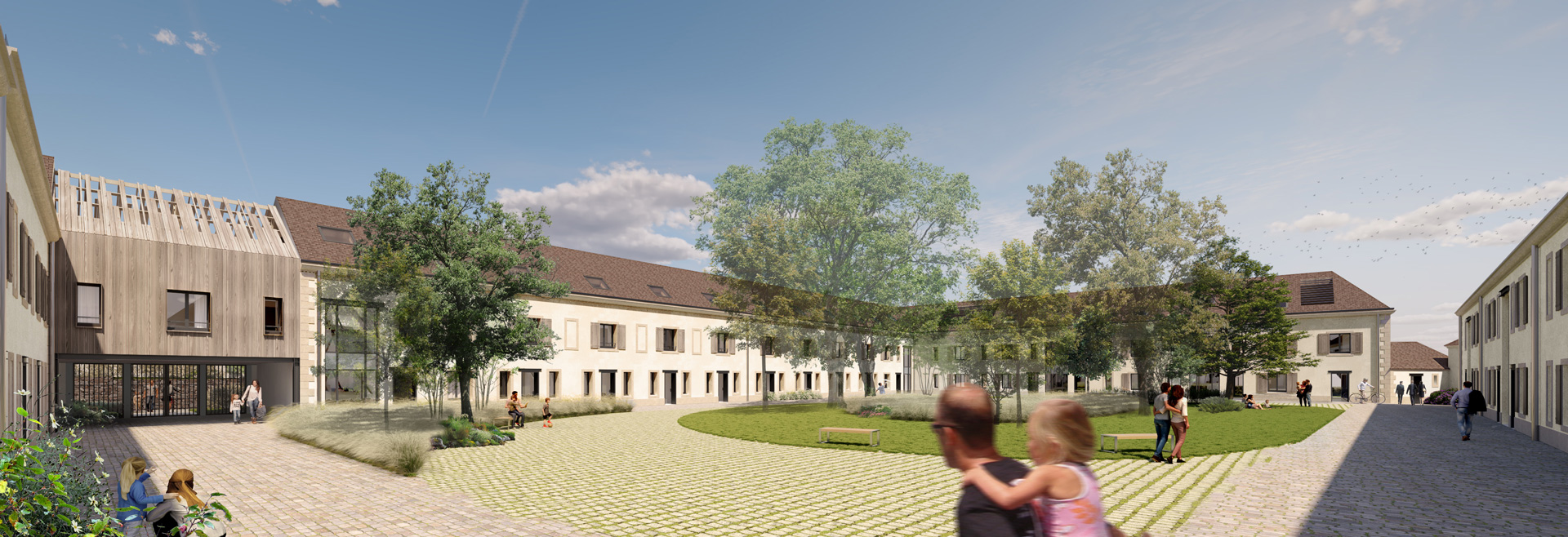Vue 3D d'un groupe de logements et commerces situés à Coutevroult