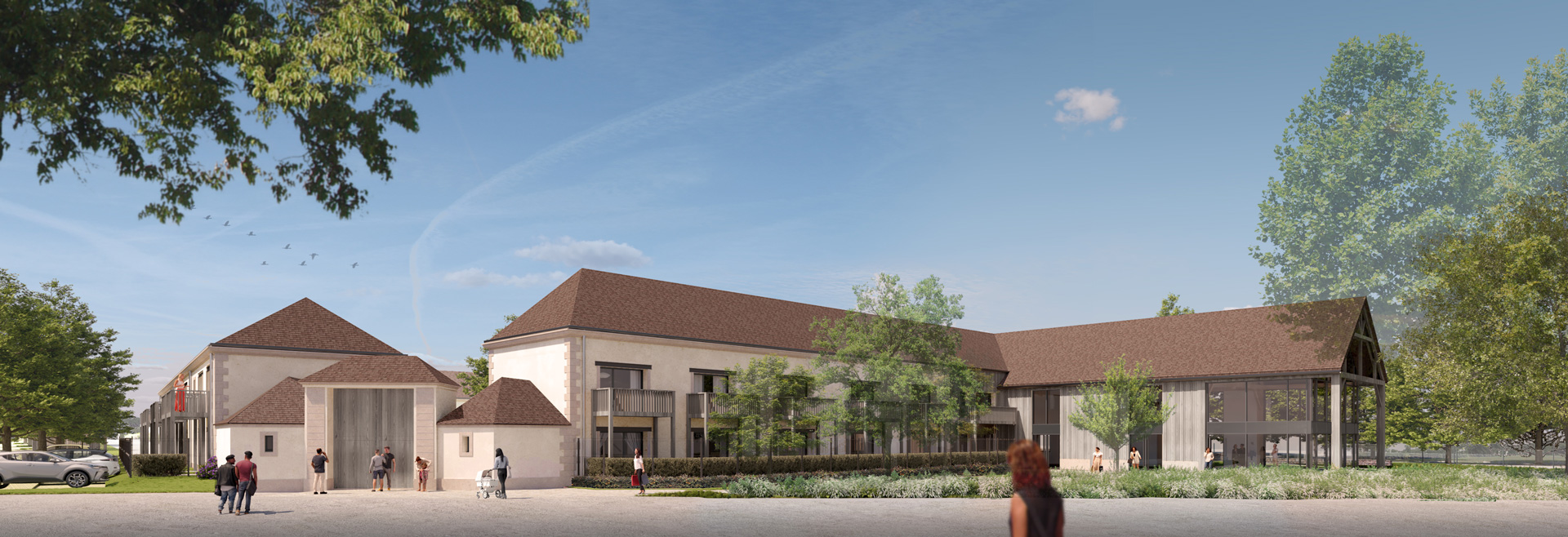 Vue 3D d'un groupe de logements et commerces situés à Coutevroult