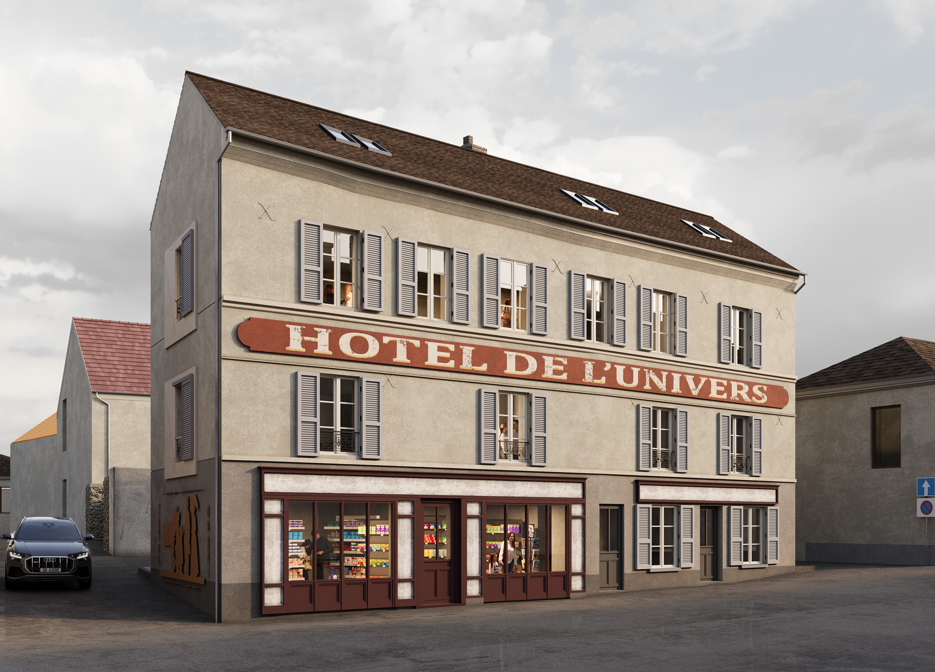 Vue 3D d'un logement et de commerces à Épône