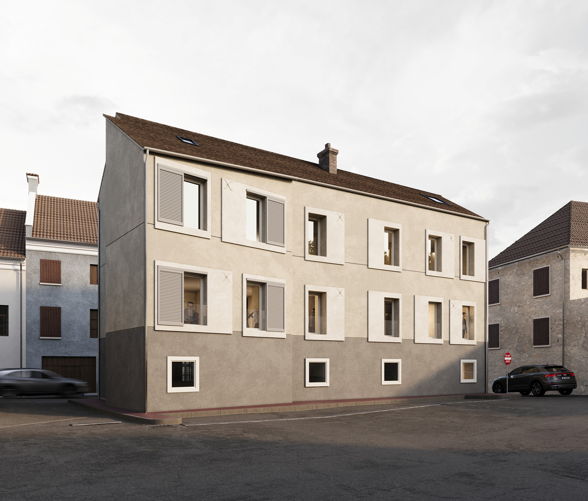 Vue 3D d'un logement et de commerces à Épône