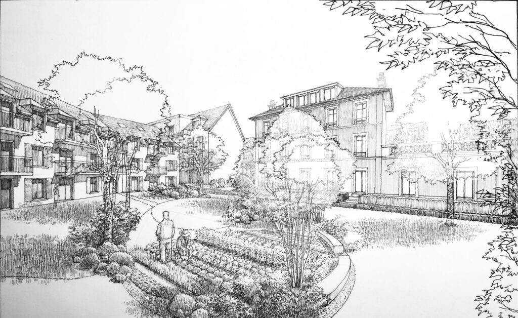 Dessin panoramique noir et blanc d'architecte d'une résidence pour senior