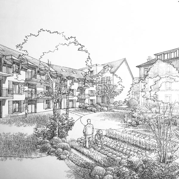 Dessin noir et blanc d'architecte d'une résidence pour senior