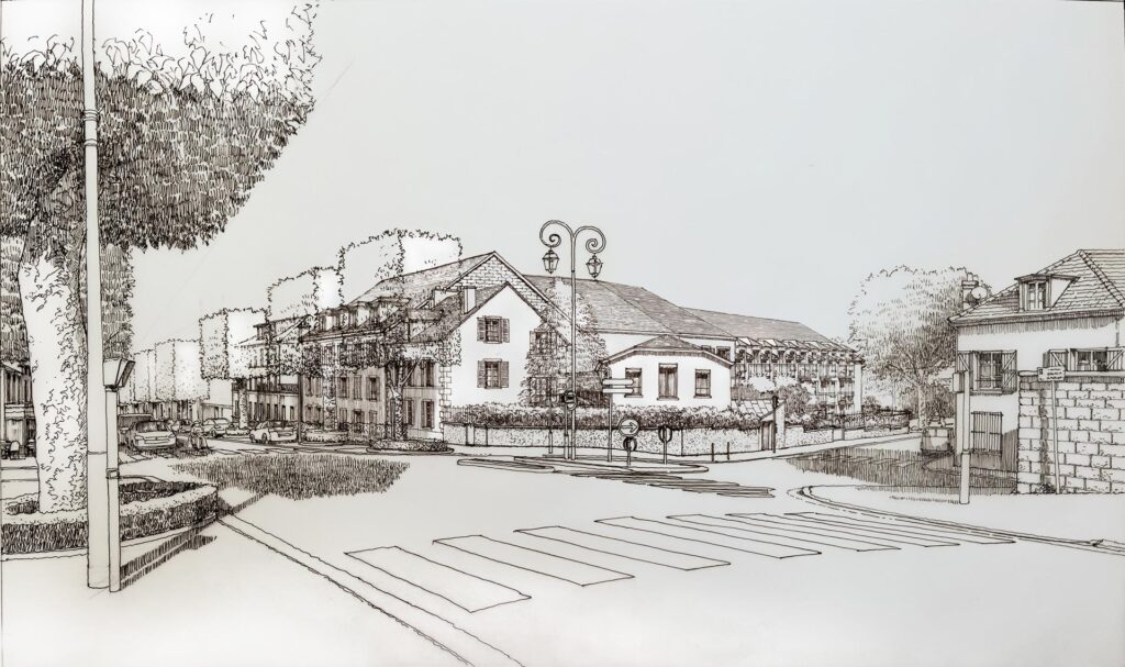 Dessin panoramique noir et blanc d'architecte d'une résidence pour senior vue de la rue