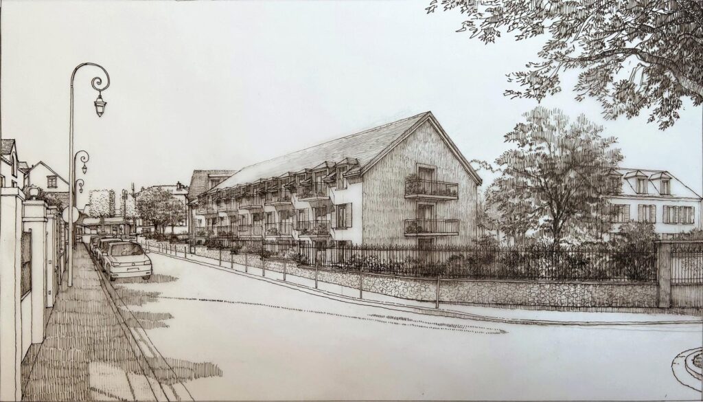 Dessin panoramique noir et blanc d'architecte d'une résidence pour senior vue de l'avenue
