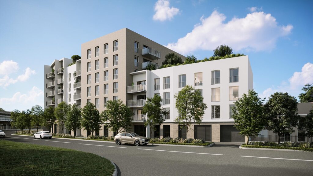 Vu 3d d'architecte d'un groupe de logements vu de derrière, pour la ville de Savigny-le-temple