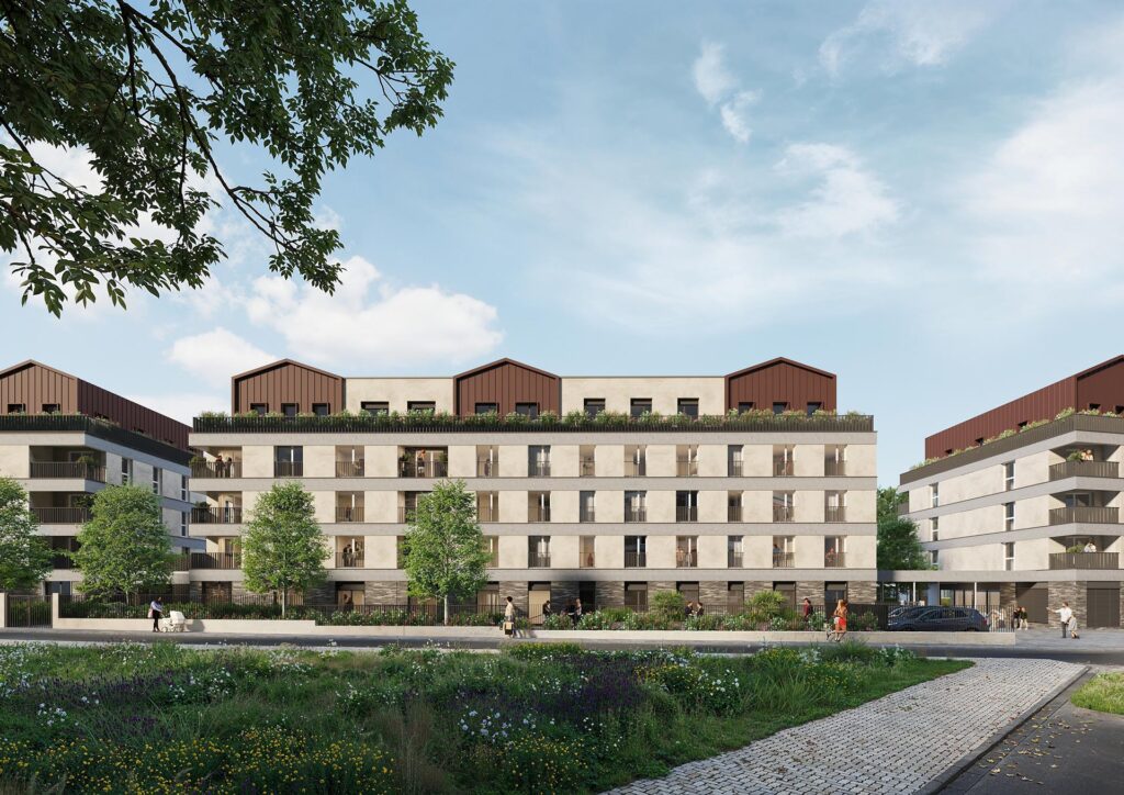 Vu 3d d'une résidence d'architecte de 4 étages, entourée de végétation.